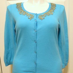 HALOGEN CARDIGAN SWEATER WOMENS SIZE L, EMBELLISHED, TURQUOISE, NWT!!!